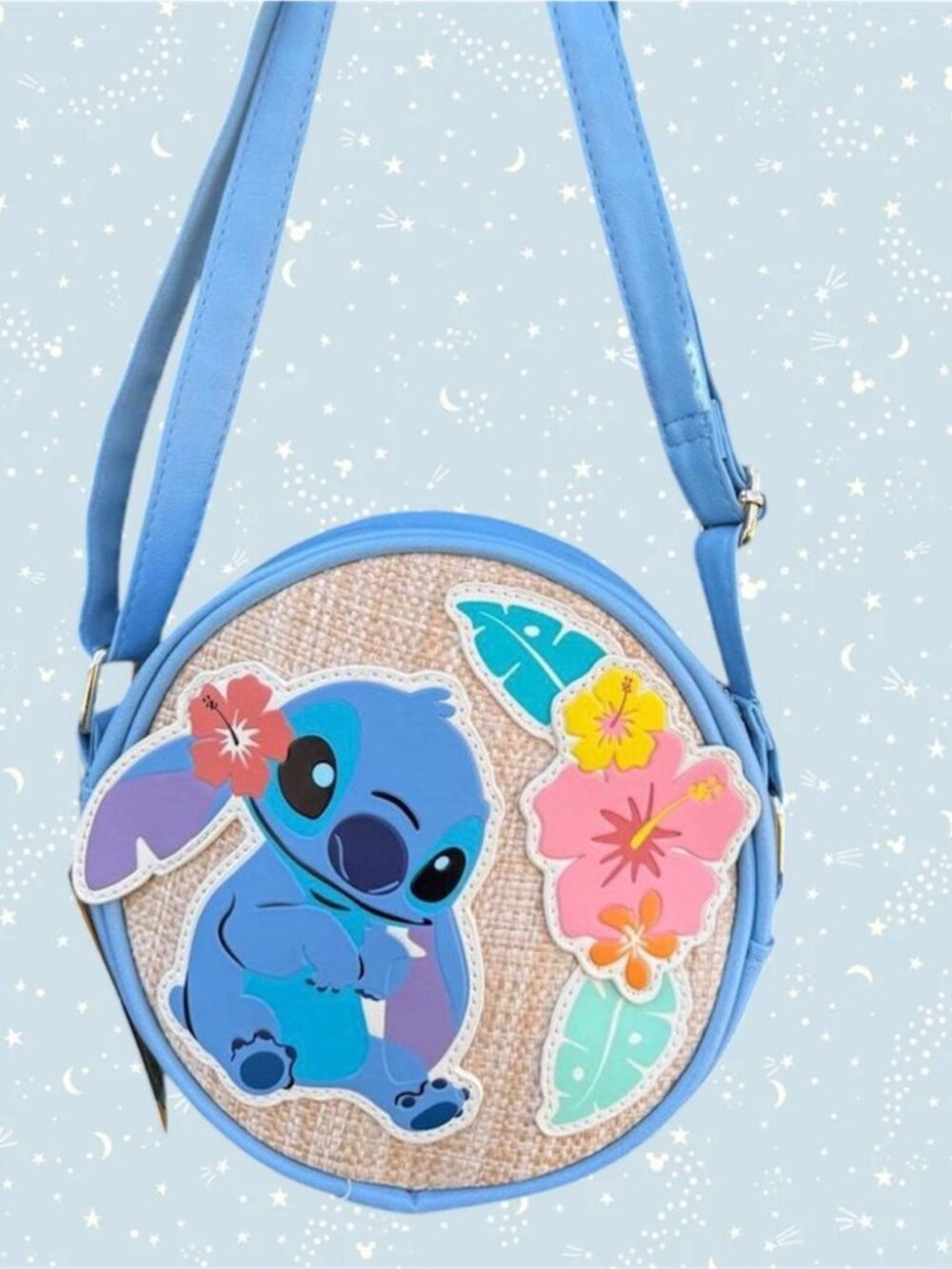 NWT Bioworld Disney Stitch blue round Hawaiian hibiscus flowers crossbody bag